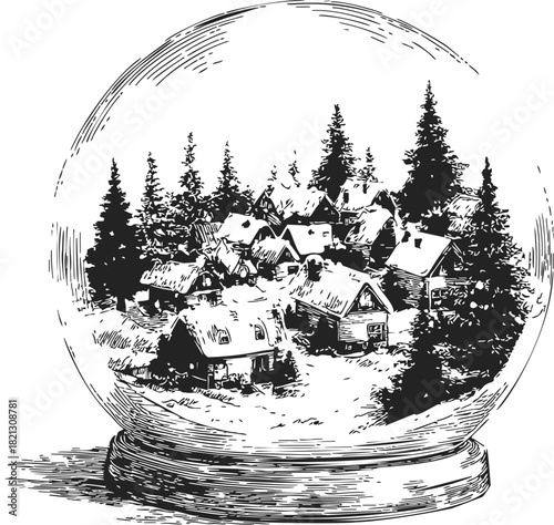 Snow globe winter village sketch, hand drawn houses and pine trees in snowy scene. Vector illustration