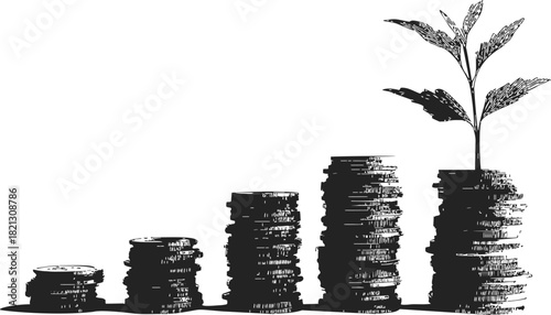 Coin stacks sketch hand drawn with plant growing from top symbolizing financial growth. Vector illustration