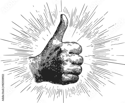Thumbs up hand gesture, hand drawn sketch with radiating lines, approval sign. Vector illustration