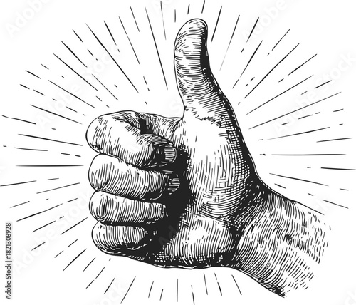 Thumbs up hand gesture sketch, hand drawn style with radiating lines. Vector illustration