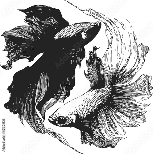 Betta fish hand drawn sketch, two Siamese fighting fish with flowing fins. Vector illustration