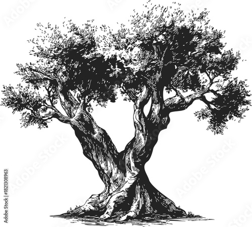 Olive tree, hand drawn sketch with detailed trunk and foliage. Vector illustration