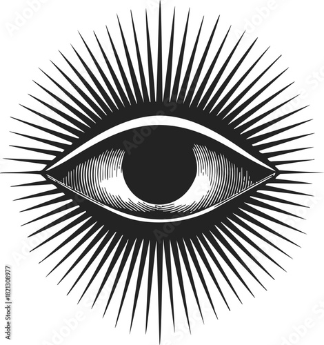 All-seeing eye sketch, hand drawn style with radiating rays and vintage engraving. Vector illustration