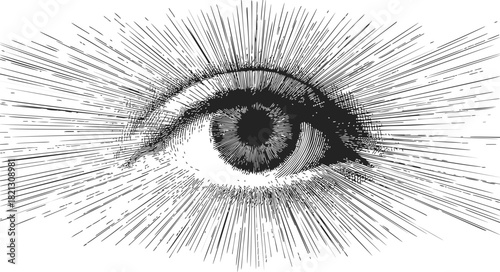 Eye sketch hand drawn with radiating lines in vintage engraving style. Vector illustration