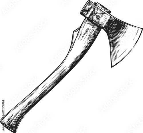 Axe, hand drawn sketch, double-headed blade with wooden handle. Vector illustration