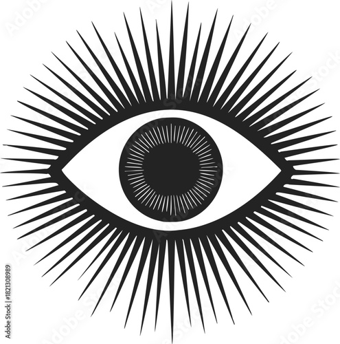Eye with radiating lashes, hand drawn sketch line art style. Vector illustration
