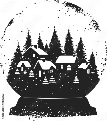 Snow globe, hand drawn sketch with winter village, falling snowflakes, evergreen trees. Vector illustration