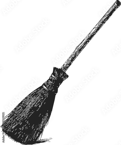 Broom, hand drawn sketch with straw bristles and wooden handle. Vector illustration