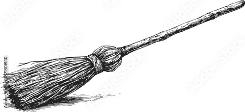 Broom, hand drawn sketch with detailed bristles and wooden handle. Vector illustration