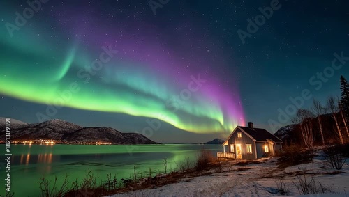 Aurora Borealis over a Cozy Cabin