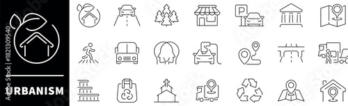 Urbanism vector icons. City icons set in line style. City, skyline, urbanity, building, buildings, bus, taxi, road, shop, city life icons