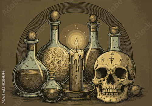Vintage illustration of a magical alchemy still life with a human skull, potion bottles, and a candle for a witchcraft ritual