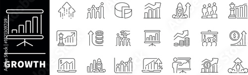 Growth vector icons. Growth icon set in line style. Development, increase, growth, bar graph, improvement, stock market, profit, launch, growing graph icons