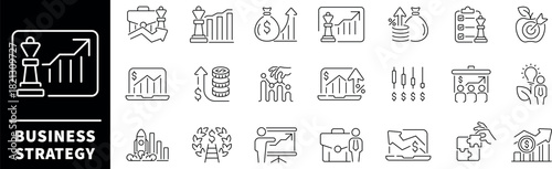 Business strategy vector icons. Business strategy icons set in line style.  Set of outline icons related to business. Finance, sales, strategy, plan, business icons