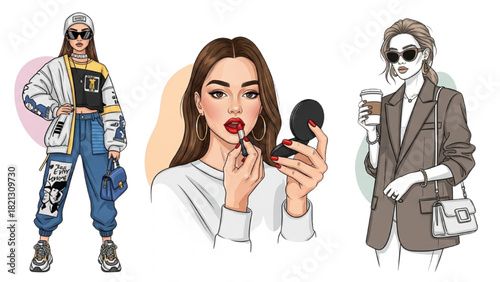 Modern Fashion Line Art Women – Hip Pose Streetwear Girl, Lipstick Beauty Moment, and Blazer Style with Coffee – Colorful One-Line Design