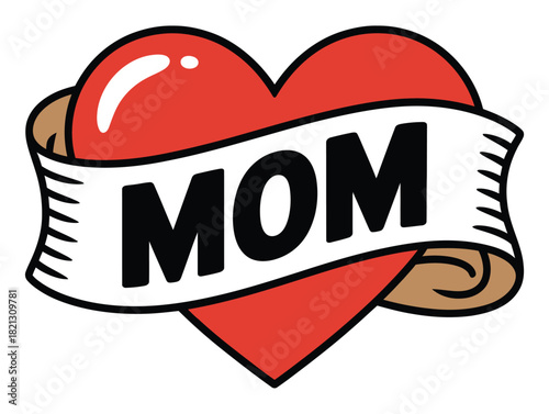 A red heart with the word MOM tattooed on a banner wrapped around it.