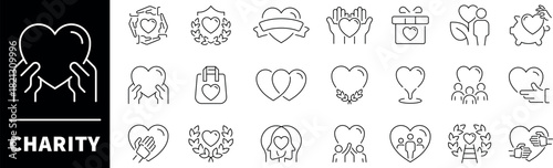 Charity vector icons,  Charity icons set in line style. Set of thin line icons related to charity. Donation, social responsibility, friendship, love, kindness, help, support, charity icons.