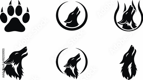 Striking wolf silhouettes howling at the moon, perfect for branding and logos, originally a scalable vector graphic with bold animal themes and tribal designs