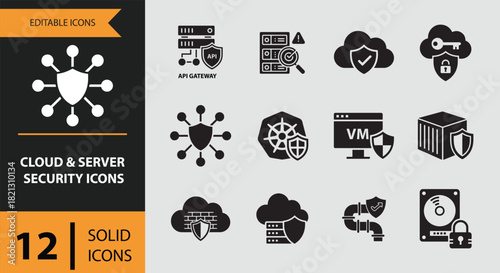 12 Cloud and Server Security Icons solid icon set. Solid cloud security icons for secure server data management