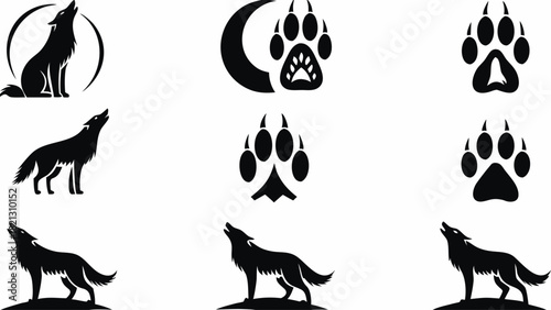 Majestic wolves howling at the moon and striking paw prints, perfect for nature-themed designs, logos, and wildlife conservation campaigns, scalable graphic