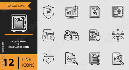 12 Data Security and Compliance Icons outline icon set. Outline data security icons for privacy protection and compliance