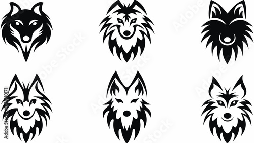 Six fierce wolf heads with tribal style in bold black ink, perfect for striking tattoos, logos, or unique designs with a wild, untamed spirit