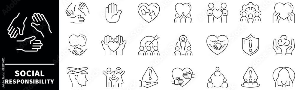 Fototapeta premium Set of thin line icons related to corporate social responsibility. Core values, impact, trust, support, care, social response