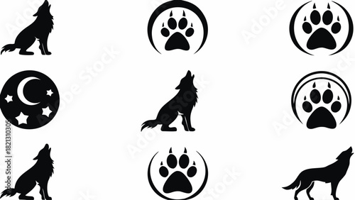 Elegant graphic set featuring howling wolves, paw prints, moon and stars perfect for logo design, tattoo art, or nature-themed projects, available now