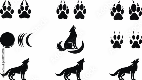 Majestic wolf silhouettes howling at the moon with paw prints, perfect for wildlife designs and nature-inspired projects, originally a scalable vector graphic
