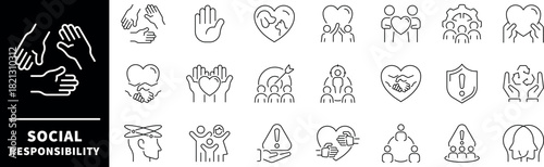 Set of thin line icons related to corporate social responsibility. Core values, impact, trust, support, care, social response