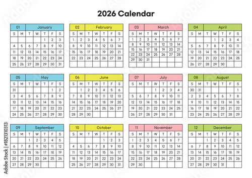 2026 full-year calendar template vector illustration. Featuring a clean, professional grid layout with each month highlighted by color-coded header blocks, the design is minimalistic.