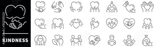 Kindness vector icons. Kindness thin line icons set. Set of line icons related to kindness and support. Kind, care, help, share, support icons