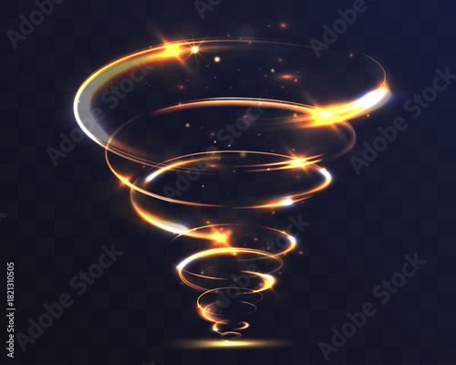 Golden spiral vortex of glowing light rings with sparkling particles swirling in a luxurious magical whirl on a dark transparent background.
