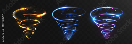 Glowing speed vortex set with swirling light trails in gold, blue, and neon purple. Futuristic spinning energy tornadoes with sparkling particles on transparent background, perfect for motion effects.