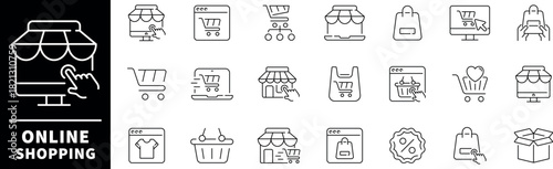 Online shopping vector icons set. Set of thin line icons related to online shopping.  E-Commerce, Shop, Online Shopping, store, customer, buy, order, purchase, shopping icons