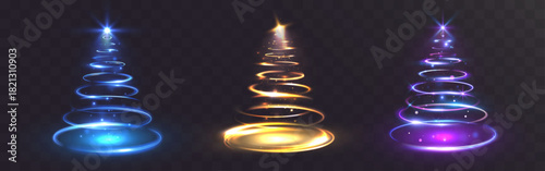 Glowing neon vortex Christmas trees in blue, gold and purple, sparkling with magic light trails, speed motion swirl effect on transparent dark background. Futuristic festive energy illustration.
