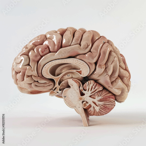 Realistic 3D Human Brain Model with Detailed Labeled Parts Including Cerebrum, Cerebellum, Brainstem, Lobes, and Functional Regions, Isolated on a Clean White Background for Educational.