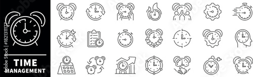 Time management vector icons. Set of thin line icons related to time management. Time icon set. Timer, alarm, schedule, hourglass, clock, time icons.