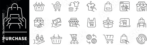 Purchase vector icons. Set of thin lone icons related to purchase and shopping. Online shopping, store, delivery, shopping cart, buy, order, purchase icons