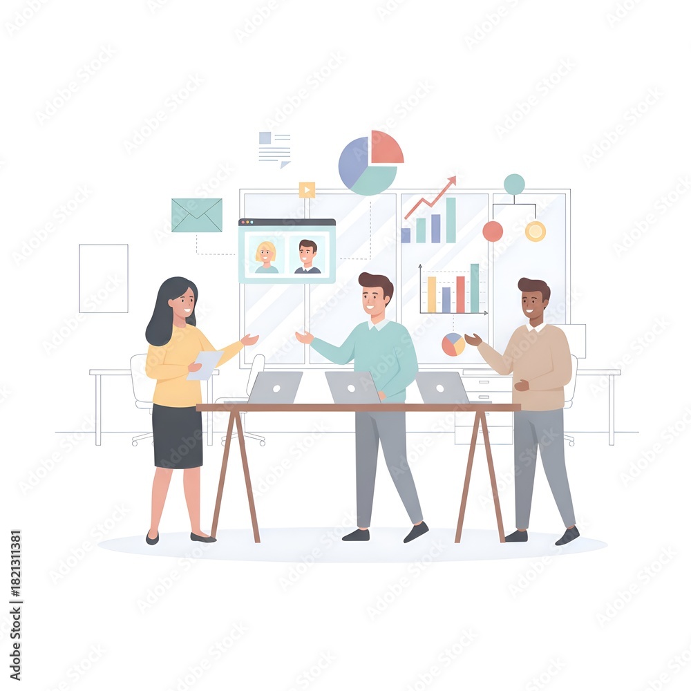 Fototapeta premium Business team working on data analysis and charts during an online video conference illustration