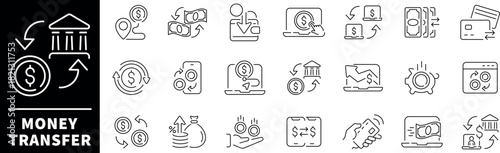 Money transfer vector icon set. Set of thin line icons related to money transfer. Banking, credit card, money, transaction, payment, money transfer icons