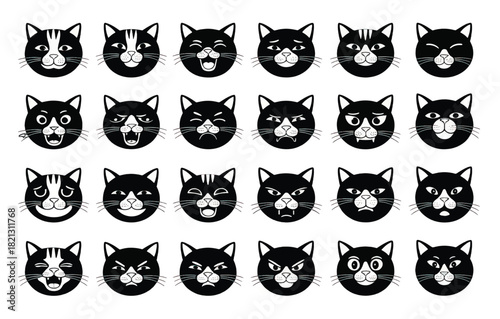 Collection of Black Cat Emoticon Faces with Various Expressions