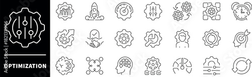 Optimization vector icons. Set of thin line icons related to optimization. Process, automation, productivity, performance, process, management, optimization icons