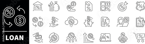 Loan vector icons. Thin line icons set related to loan. Income, salary, money, business, cash, finance, banking, savings, mortgage, loans