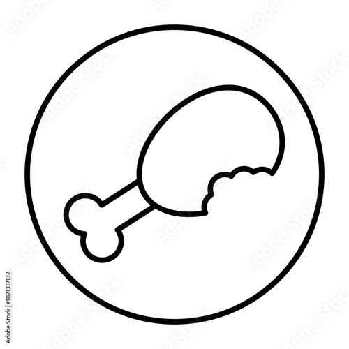 Plate with fried chicken leg thin line icon, cooking concept. Vector graphics. Poultry food sign on white background, style icon mobile or web design.