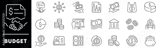 Budget vector icons. Thin line icons set related to budget and finance.  Money, budget, savings, loan, cash, earning, income, wallet, currency, dollar, credit card, coin, revenue symbols