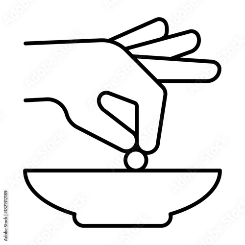 Hand with additive, seasoning and plate thin line icon, cooking concept. Vector graphics. Spices sign on white background, style icon mobile or web design.