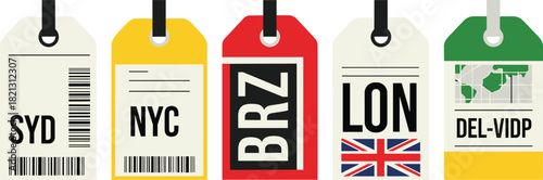 Airport luggage tag set, travel label icons, global destination codes, colorful suitcase stickers, vector graphic design, flat illustration style