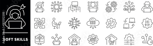 Thin line icons set related to soft skills. Soft skills vector icons. Communication, teamwork, empathy, leadership, problem-solving, creativity, time management and skills