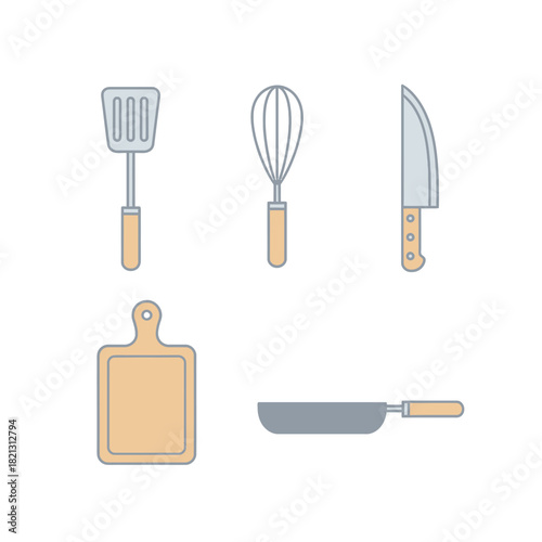 Collection of kitchen utensils including a spatula, whisk, knife, cutting board, and frying pan